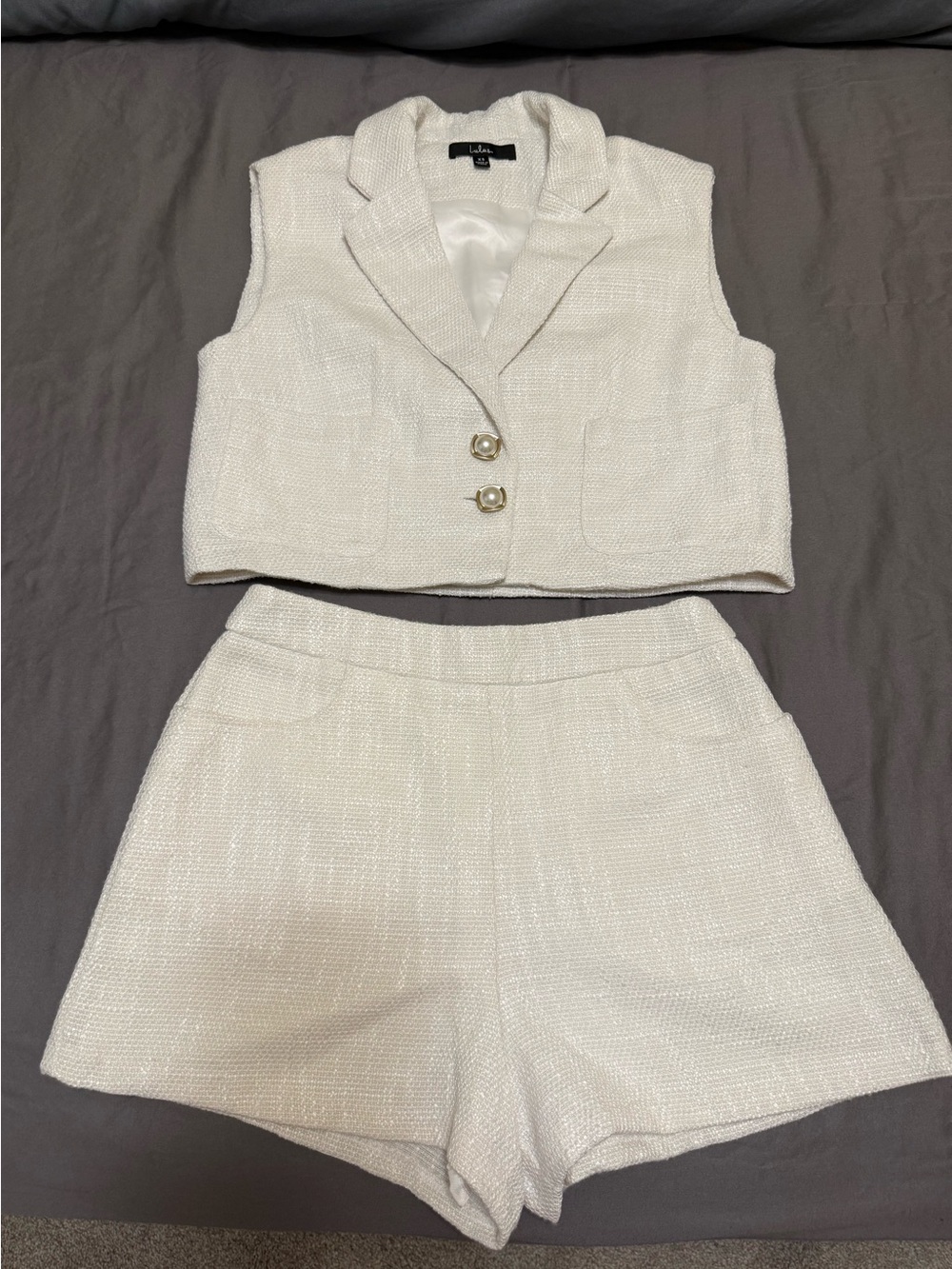 Lulu's Ivory Tweed Cropped Vest & High-Rise Shorts